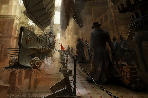 Steampunk city. Boarding the ship. A man in a top hat