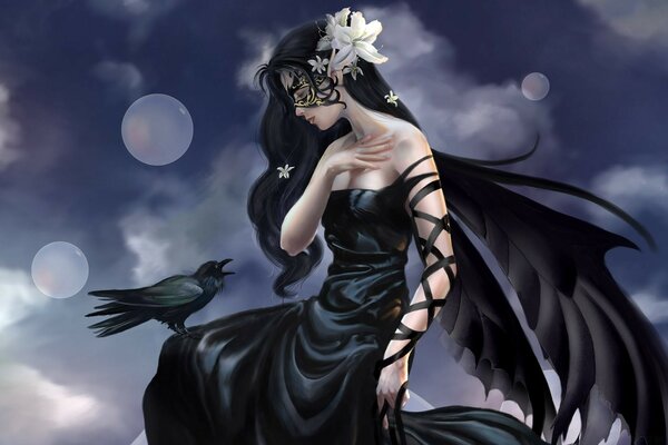 Fantasy woman in a beautiful dress with a crow