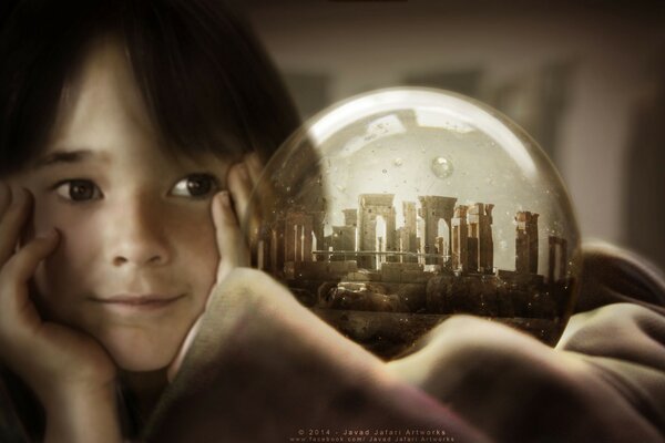 A child looks at a fantasy city