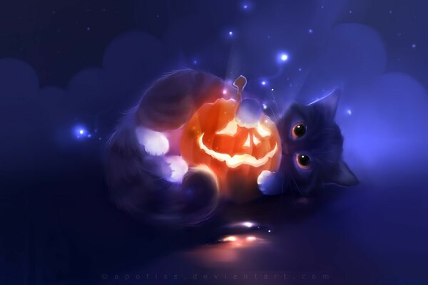 Fantasy cat with a glowing pumpkin