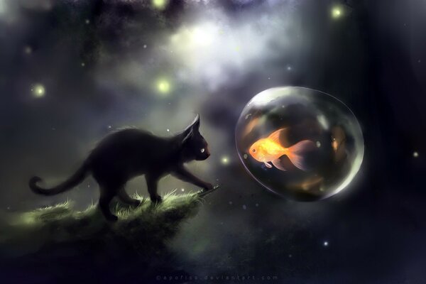 Fantastic fish in a bubble with a cat