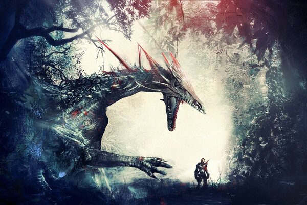 Fantastic illustration of a dragon and a man