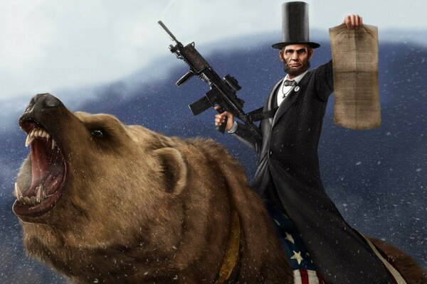 Lincoln riding a bear with a machine gun