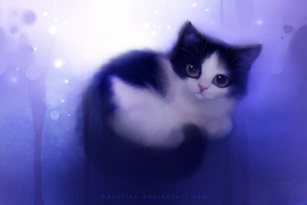 Art drawing of a cute fluffy kitten