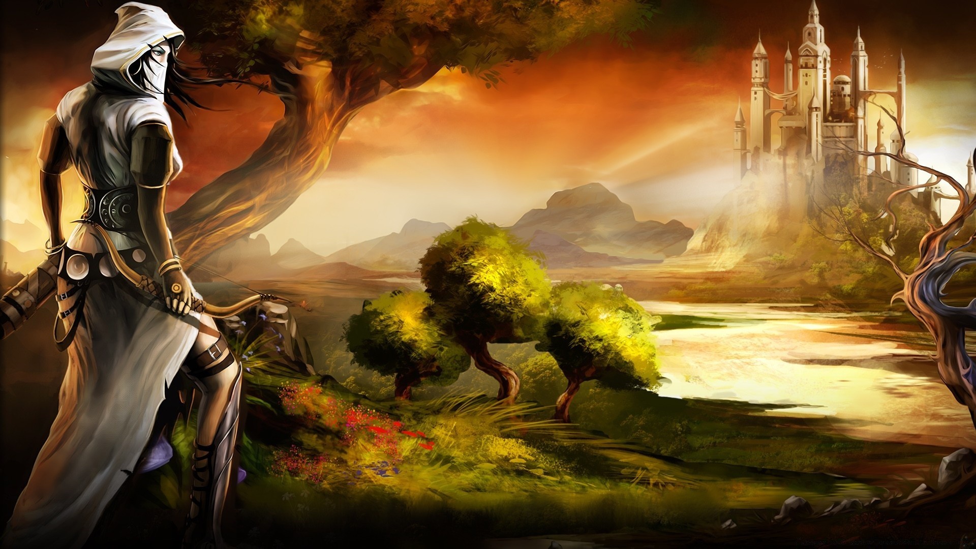 fantasy art smoke water sunset illustration adult painting tree landscape woman