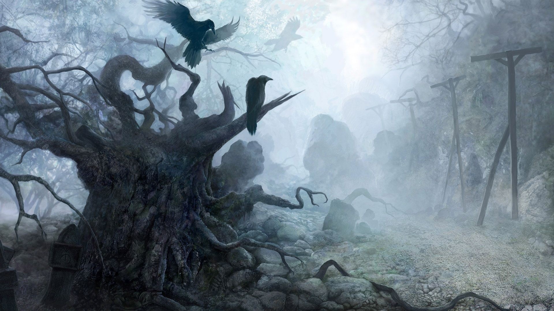 fantasia arte pittura illustrazione albero acqua freddo inverno nebbia