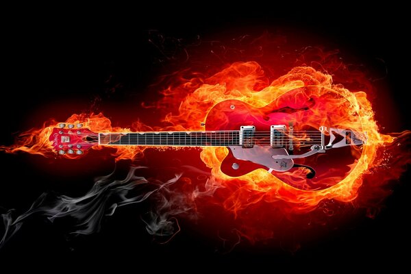 Guitarra musical roja ardiendo en el fuego