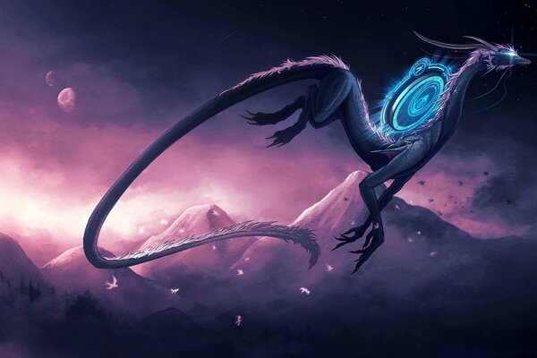 Neon dragon flying over the mountains