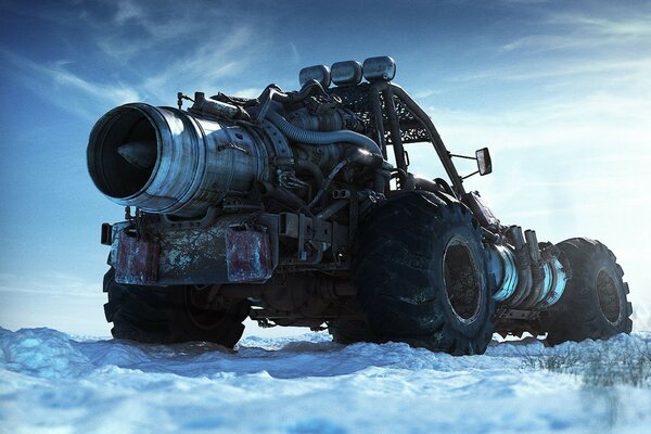 Combat vehicle on white snow