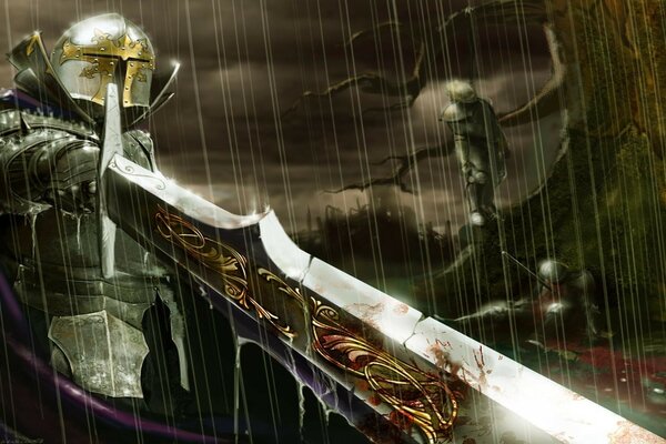 A knight in a helmet and with a sword stands in the rain