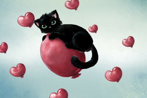 Schwarze Katze und Herz Ballons