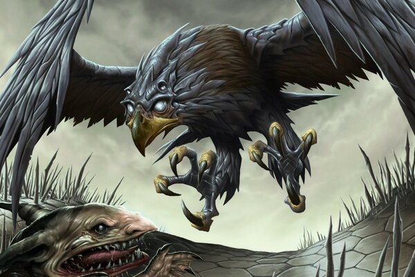 An eagle with claws hunts a reptile