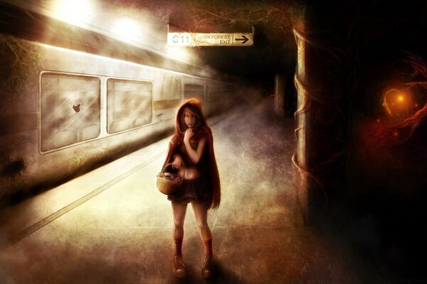 A girl walks through a foggy station