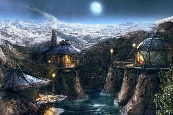 Fantasy paysage montagne ciel et Lune