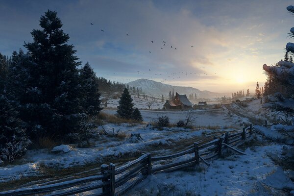 Winterliche, rustikale Landschaft im Morgengrauen