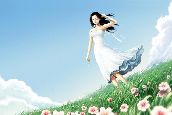 A girl in a white dress in a field with flowers