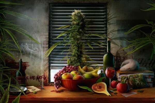 Still life of exotic fruits on the background of the window