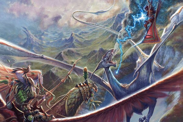 Une Archer à cheval sur un griffon et une sorcière se battent avec un dragon