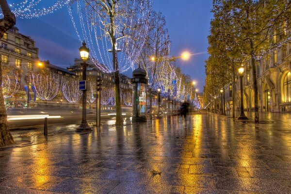 City street lit by lanterns