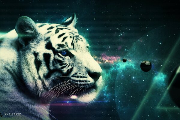 Weißer Tiger auf Hintergrund der kosmischen Landschaft