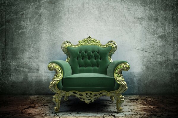 A green armchair near a worn wall