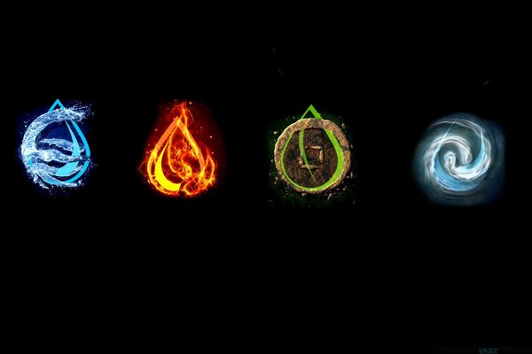 Four elements in the form of drops