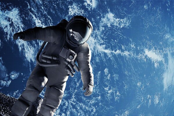 An astronaut in space on the background of a blue planet