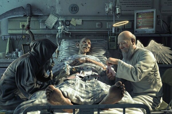 A hospital ward with a patient. death and the angel are playing cards