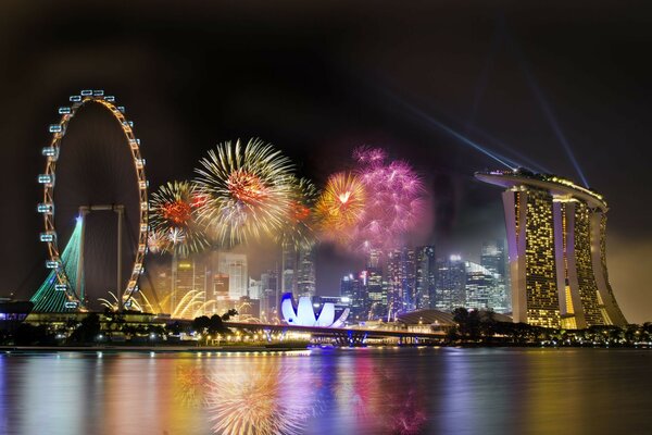 City. Holiday. Entertainment park. Firework. Reflection of the city illumination in the water