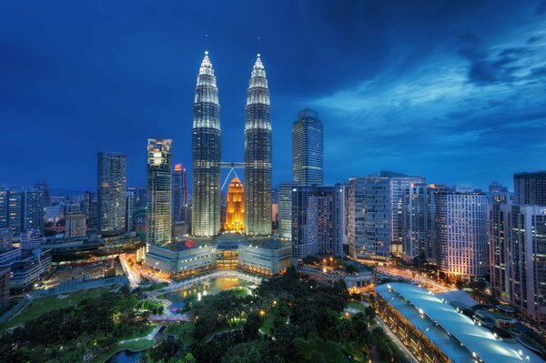 Night city landscape with skyscrapers