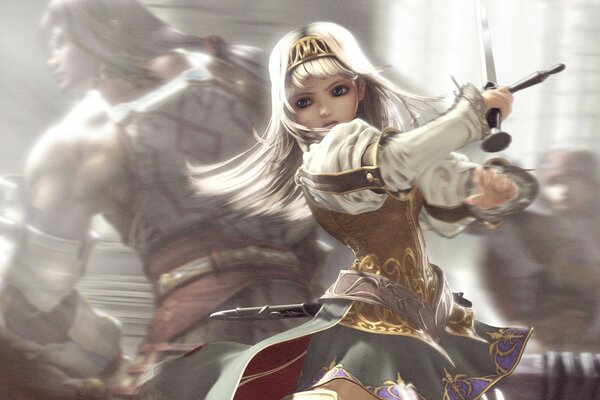 A warrior girl with silver hair fights with a sword in her hands