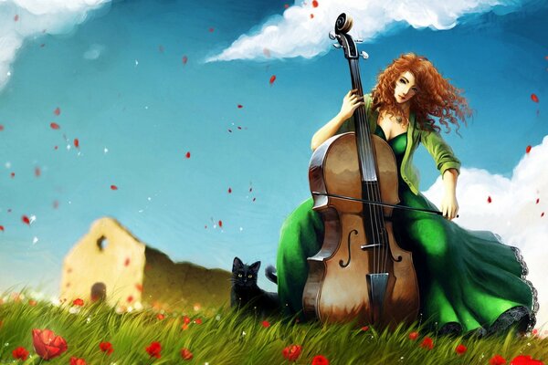 A red-haired girl in a field of poppies plays the cello