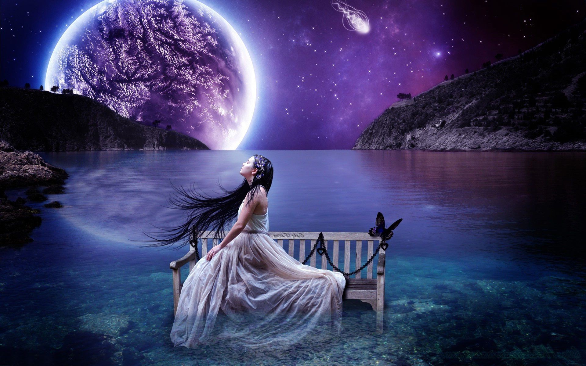 fantasy lune eau astronomie lumière ciel planète voyage soleil galaxie océan mystère astrologie soir sombre