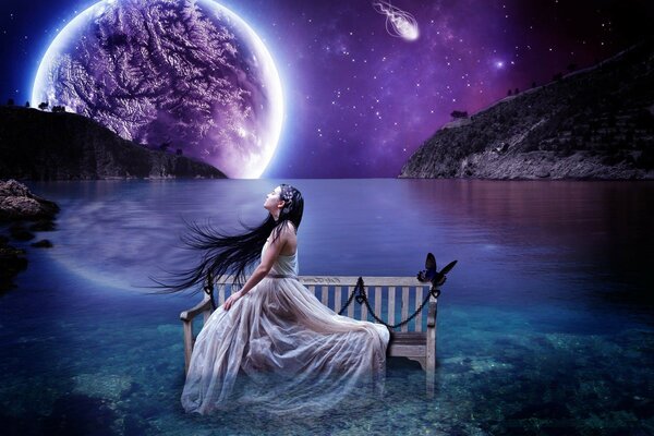 Fantasy drawing of a girl sitting on a bench under the moon