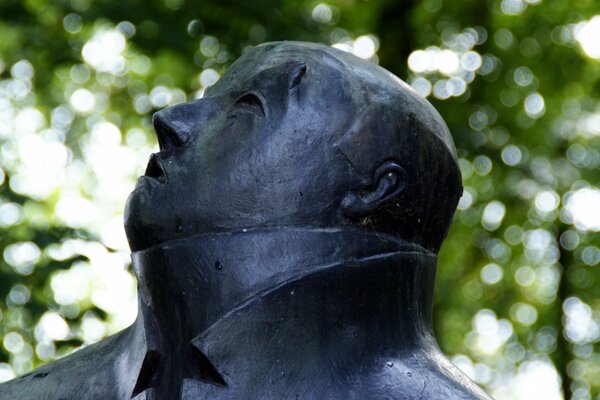 There is a black sculpture of a man in the park