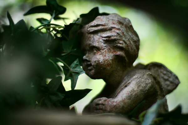 Angel statue next to foliage