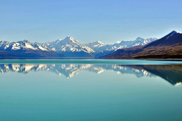 Blue lake among snowy mountains