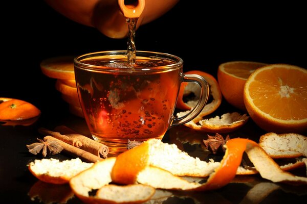 Cup peel drink teapot star anise oranges