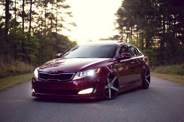 Gorgeous cherry car on the road in the forest