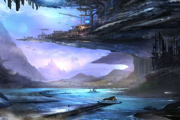 Fantastische Landschaft mit futuristischen Elementen