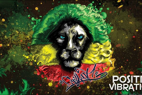 Lion peint avec une crinière multicolore avec l inscription vibration positive 