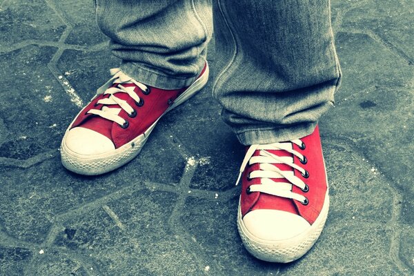 Feet in red sneakers on the asphalt