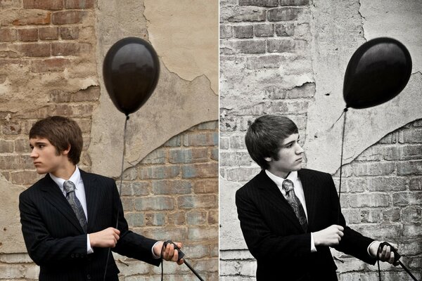 Two photos of a guy with a balloon. Color and black and white