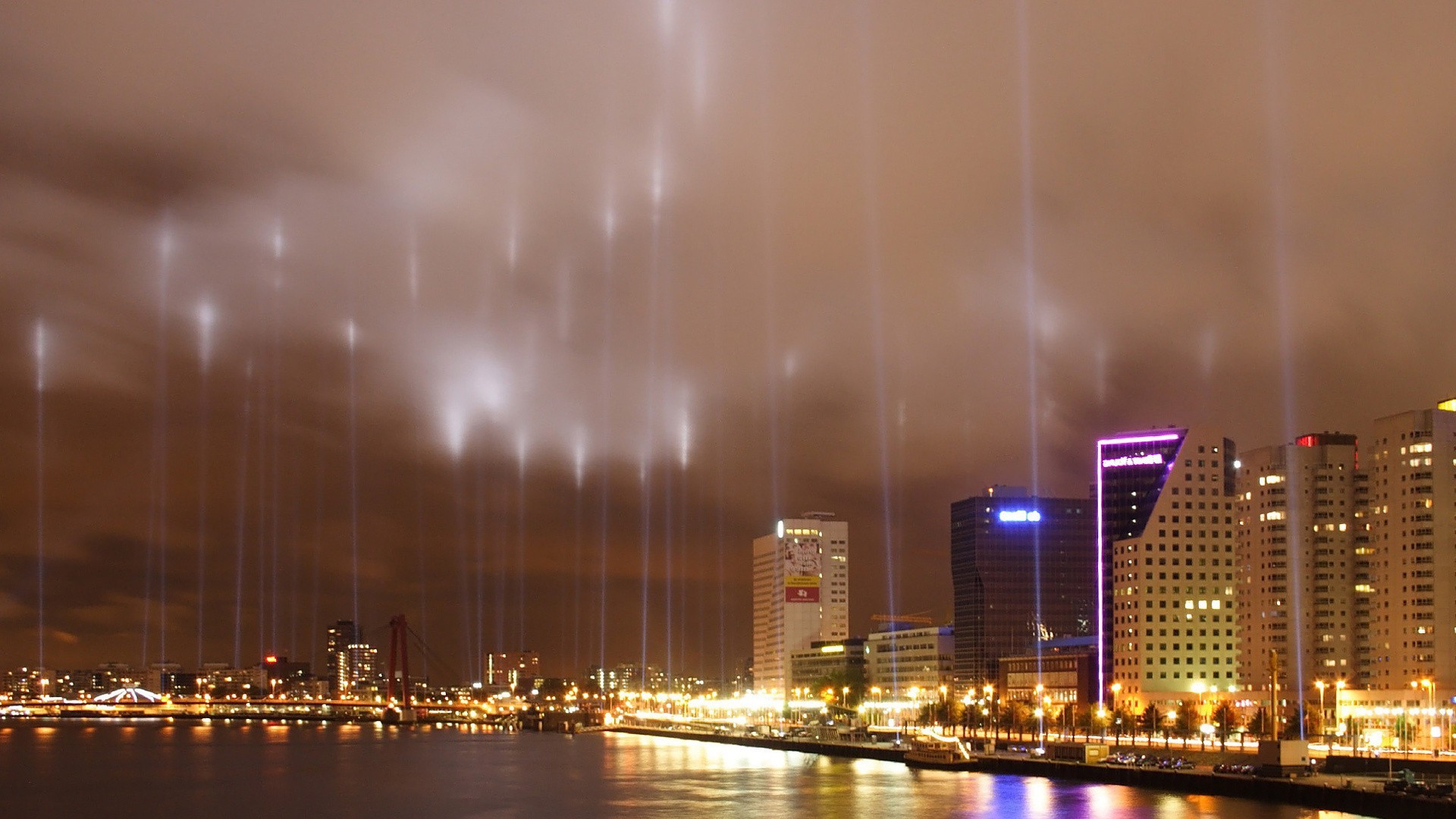 city downtown cityscape skyscraper architecture building skyline travel dusk urban business blur water bridge sky evening river light finance reflection