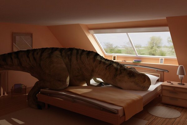 Ein Dinosaurier hat sich auf einem Bett in einer modernen Wohnung niedergelassen