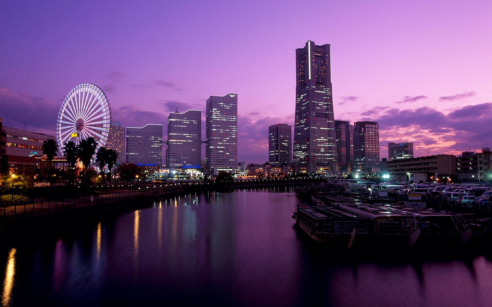 city skyline cityscape architecture skyscraper downtown building dusk reflection waterfront river urban sunset sky evening travel office water tower modern