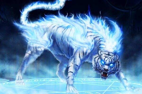 Tigre blanco en llamas azules