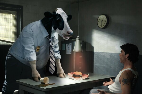 A police cow conducts an interrogation with passion