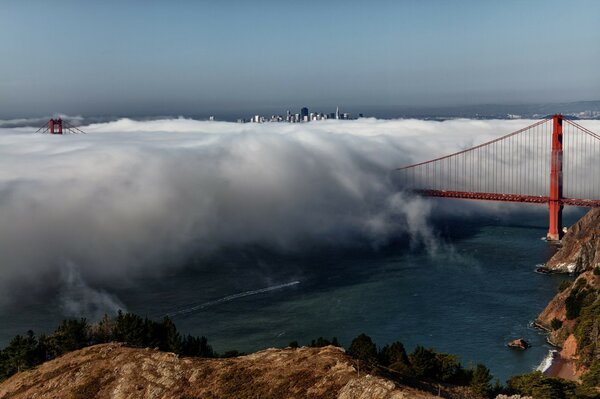 Thick fog in the Golden Gate Strait in San Francisco