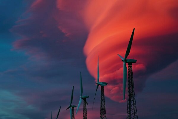 Molinos de viento, cielo rojo